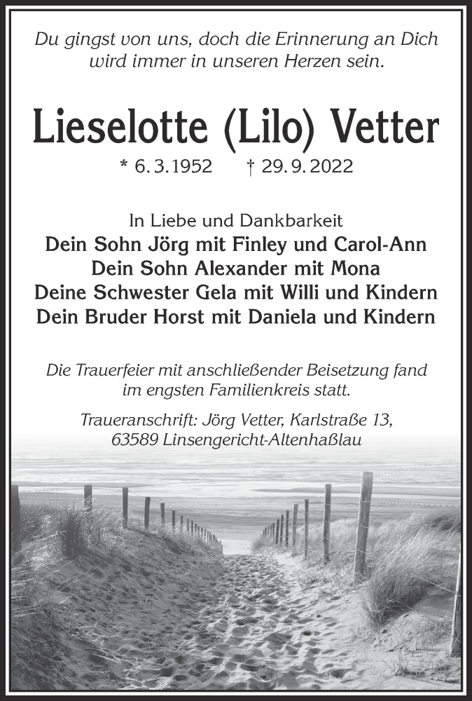  Traueranzeige für Lieselotte Vetter vom 22.10.2022 aus Gelnhäuser Neue Zeitung