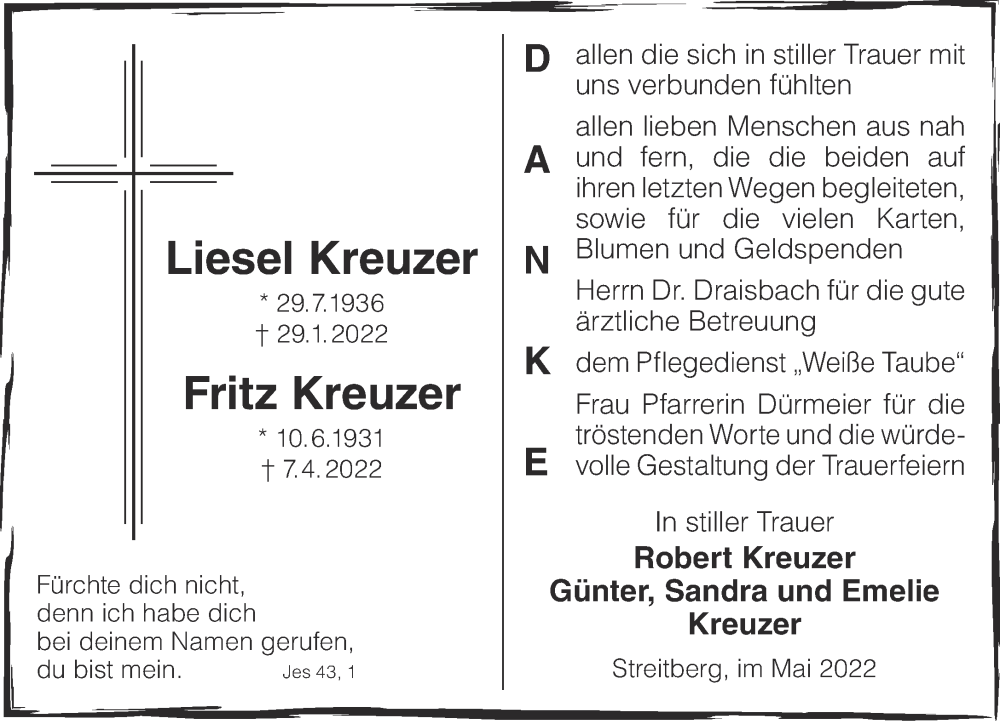  Traueranzeige für Liesel und Fritz Kreuzer vom 04.06.2022 aus Mittelhessen-Bote
