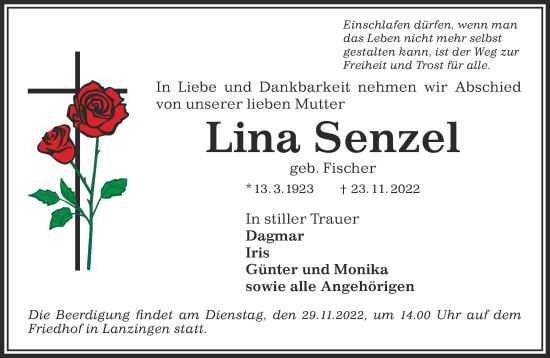 Traueranzeige von Lina Senzel von Gelnhäuser Neue Zeitung