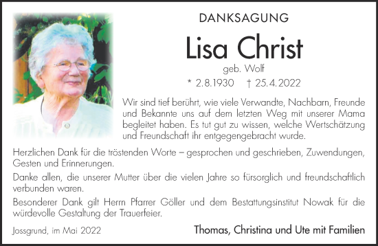 Traueranzeige von Lisa Christ von Gelnhäuser Neue Zeitung