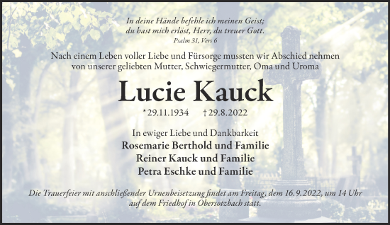 Traueranzeige von Lucie Kauck von Gelnhäuser Neue Zeitung
