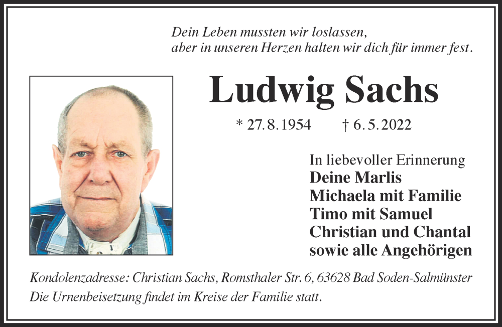  Traueranzeige für Ludwig Sachs vom 14.05.2022 aus Gelnhäuser Neue Zeitung