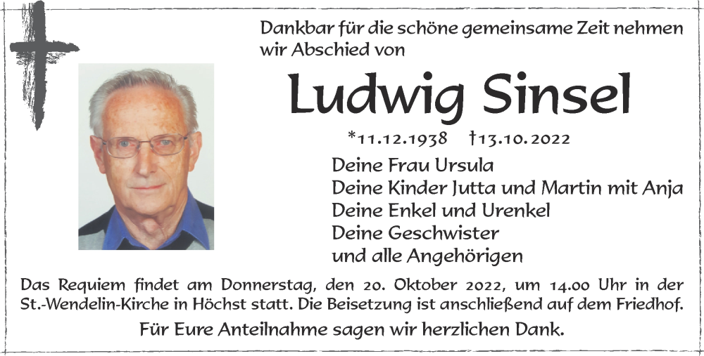 Traueranzeige für Ludwig Sinsel vom 18.10.2022 aus Gelnhäuser Neue Zeitung