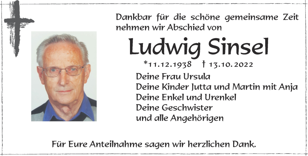  Traueranzeige für Ludwig Sinsel vom 22.10.2022 aus Mittelhessen-Bote