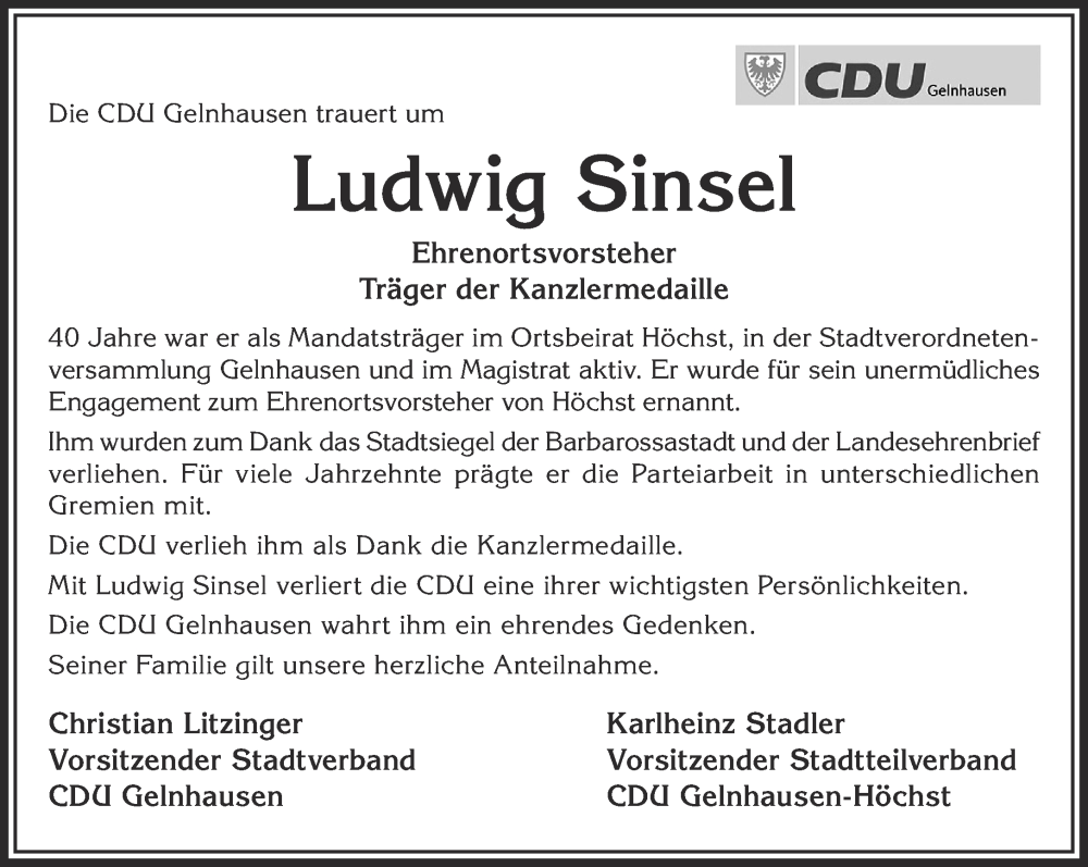  Traueranzeige für Ludwig Sinsel vom 22.10.2022 aus Gelnhäuser Neue Zeitung