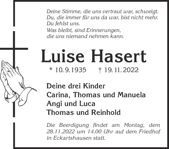 Traueranzeige von Luise Hasert von Gelnhäuser Neue Zeitung