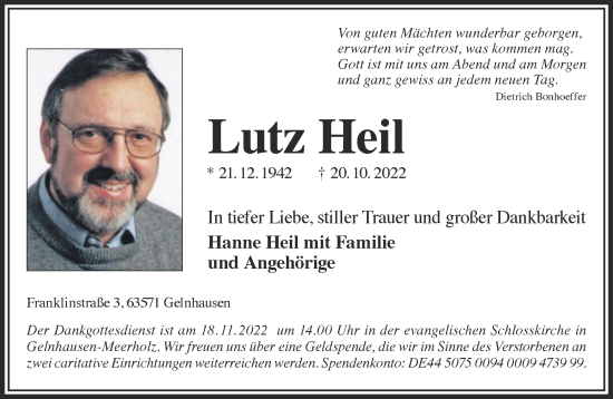 Traueranzeige von Lutz Heil von Mittelhessen-Bote