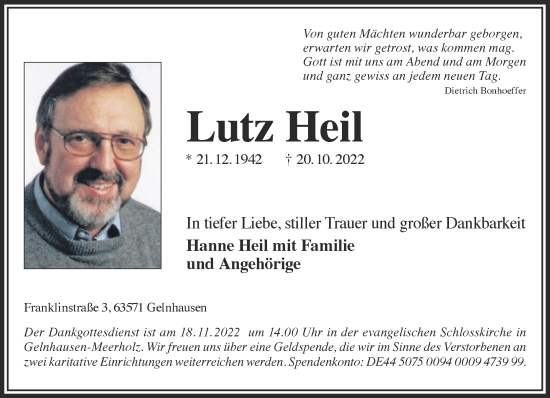Traueranzeige von Lutz Heil von Gelnhäuser Neue Zeitung