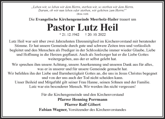 Traueranzeige von Lutz Heil von Mittelhessen-Bote
