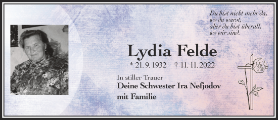 Traueranzeige von Lydia Felde von Gelnhäuser Neue Zeitung