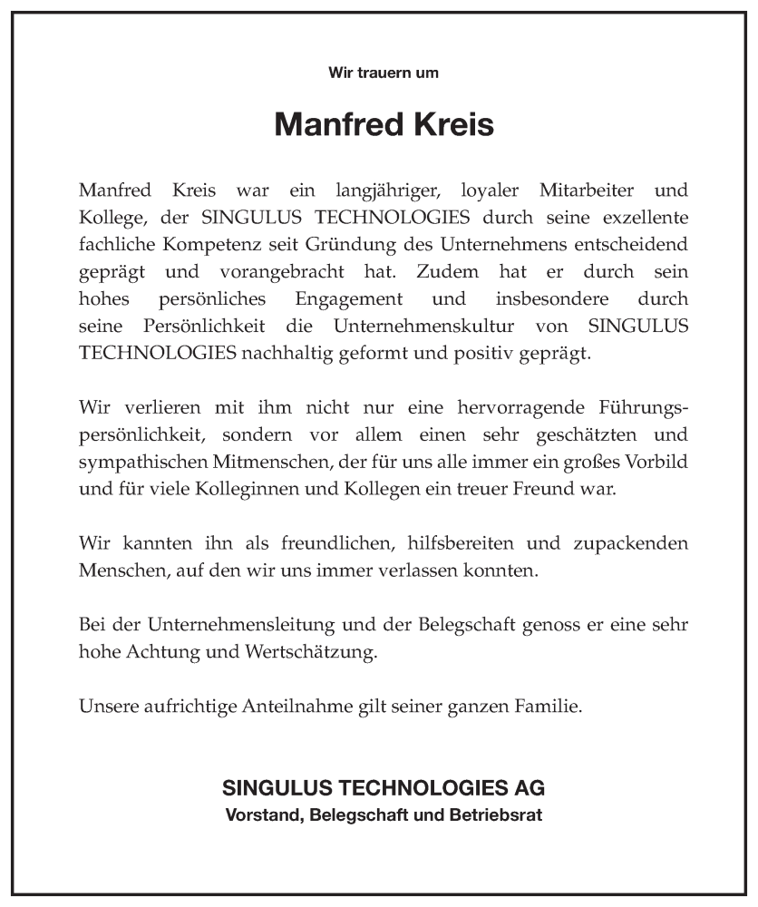  Traueranzeige für Manfred Kreis vom 29.10.2022 aus Gelnhäuser Neue Zeitung