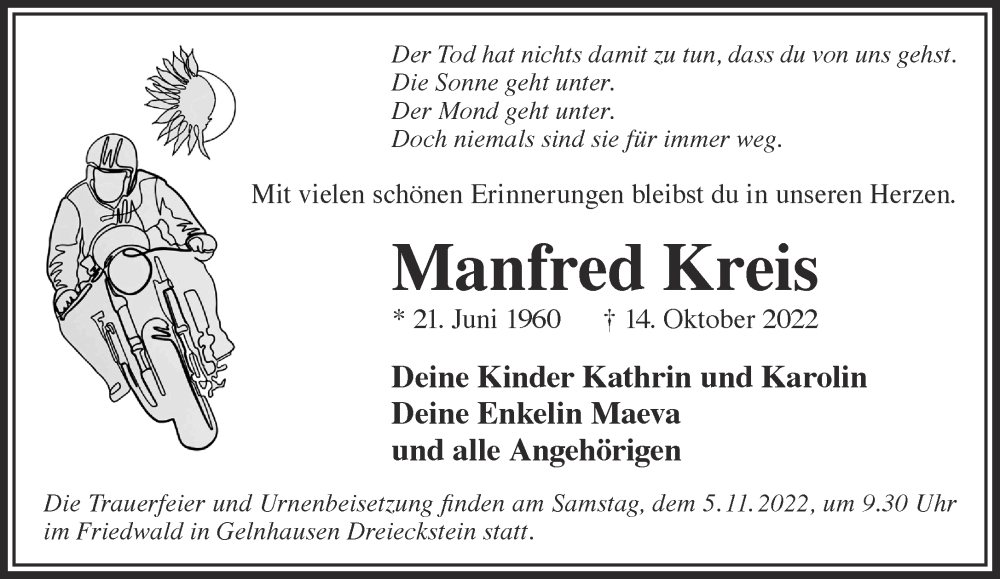  Traueranzeige für Manfred Kreis vom 29.10.2022 aus Gelnhäuser Neue Zeitung