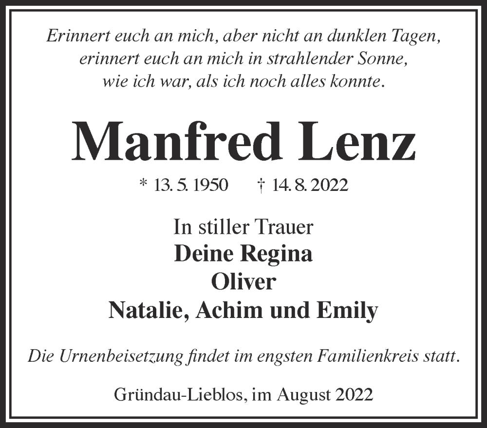  Traueranzeige für Manfred Lenz vom 27.08.2022 aus Mittelhessen-Bote