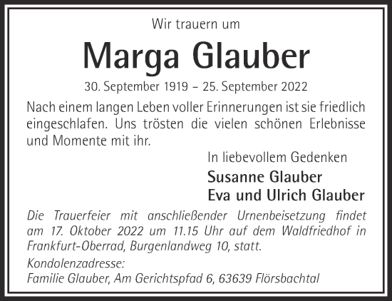 Traueranzeige von Marga Glauber von Gelnhäuser Neue Zeitung