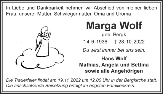 Traueranzeige von Marga Wolf von Gelnhäuser Neue Zeitung