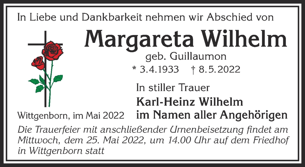  Traueranzeige für Margareta Wilhelm vom 21.05.2022 aus Mittelhessen-Bote