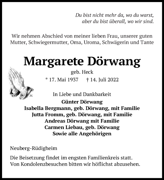 Traueranzeige von Margarete Dörwang von Mittelhessen-Bote