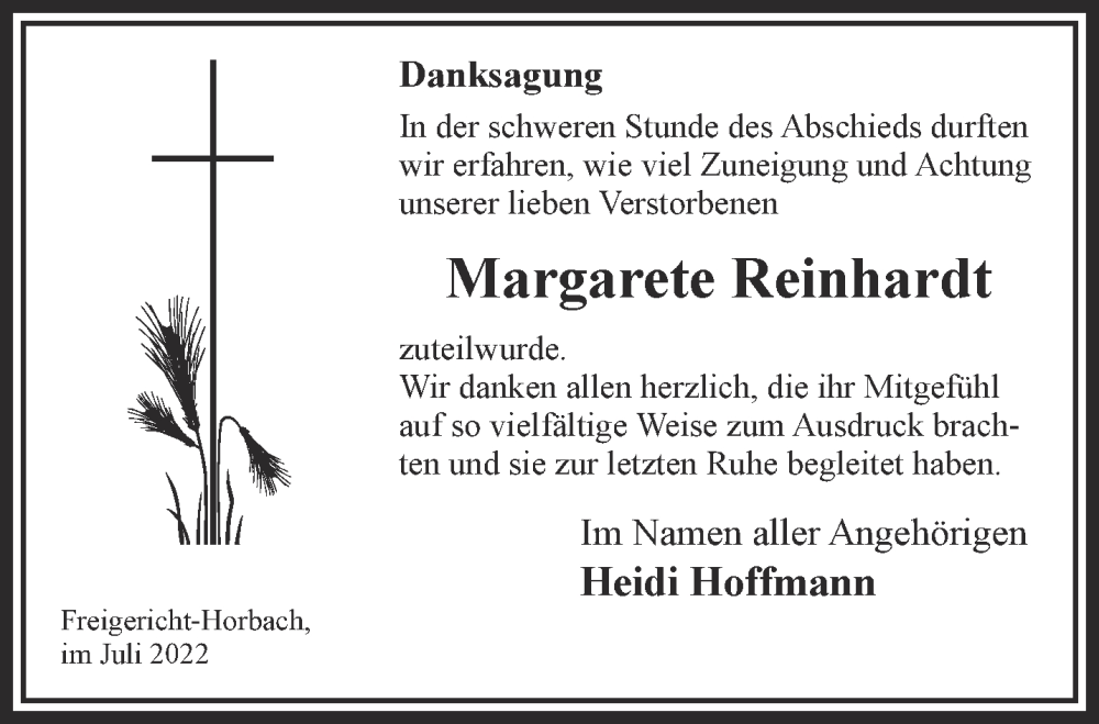  Traueranzeige für Margarete Reinhardt vom 30.07.2022 aus Gelnhäuser Neue Zeitung