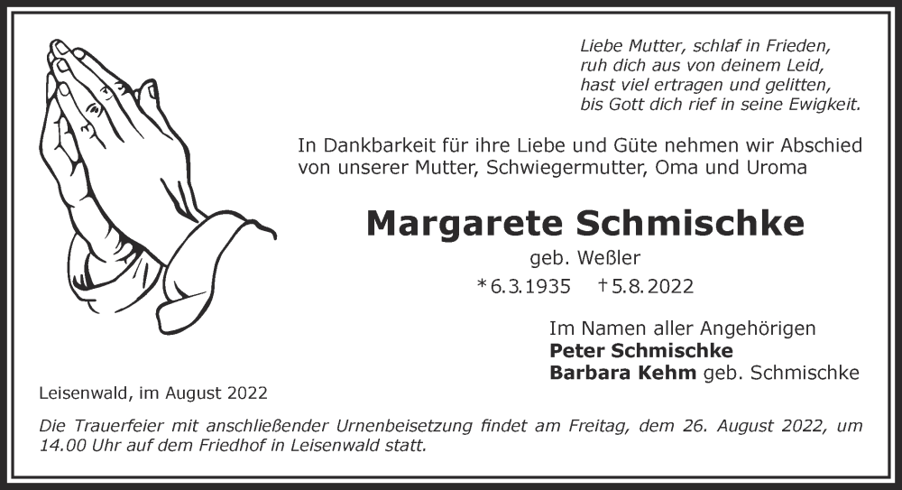  Traueranzeige für Margarete Schmischke vom 20.08.2022 aus Gelnhäuser Neue Zeitung