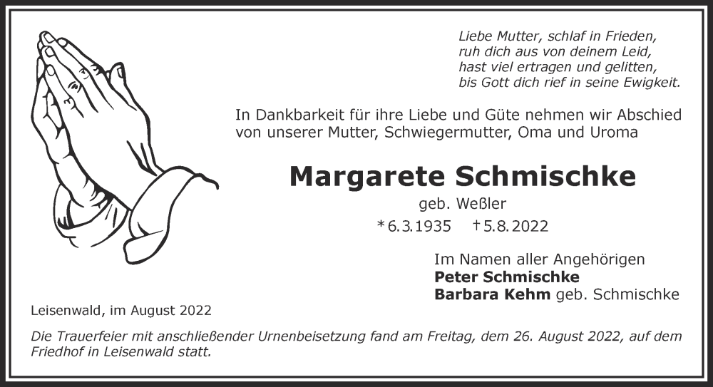  Traueranzeige für Margarete Schmischke vom 27.08.2022 aus Mittelhessen-Bote