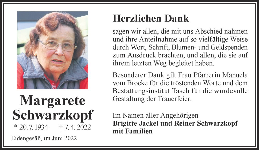  Traueranzeige für Margarete Schwarzkopf vom 04.06.2022 aus Gelnhäuser Neue Zeitung
