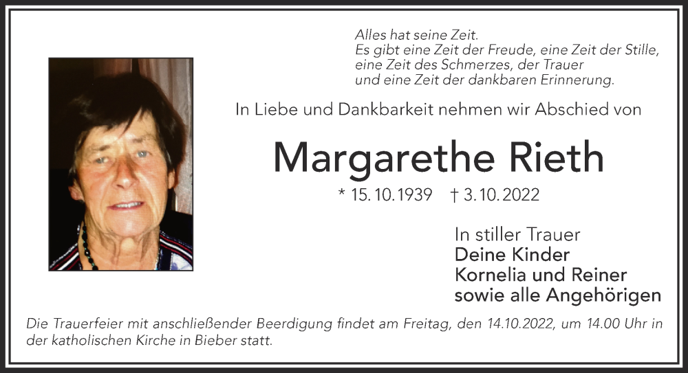  Traueranzeige für Margarethe Rieth vom 08.10.2022 aus Gelnhäuser Neue Zeitung