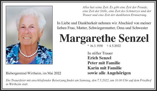 Traueranzeige von Margarethe Senzel von Gelnhäuser Neue Zeitung