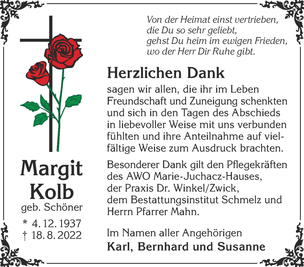  Traueranzeige für Margit Kolb vom 01.10.2022 aus Mittelhessen-Bote