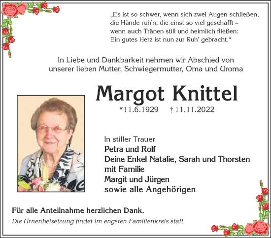 Traueranzeige von Margot Knittel von Gelnhäuser Neue Zeitung