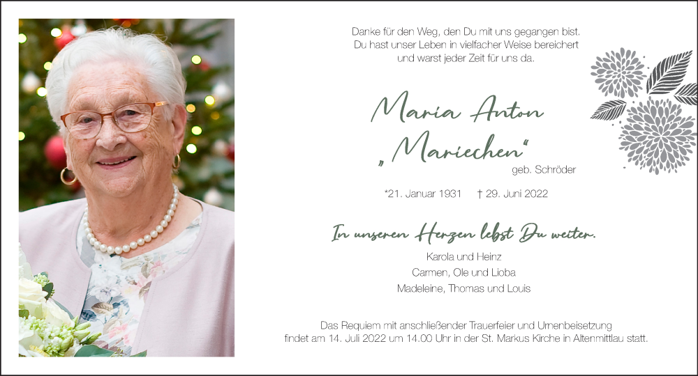  Traueranzeige für Maria Anton vom 09.07.2022 aus Gelnhäuser Neue Zeitung