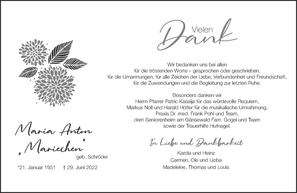  Traueranzeige für Maria Anton vom 10.09.2022 aus Gelnhäuser Neue Zeitung