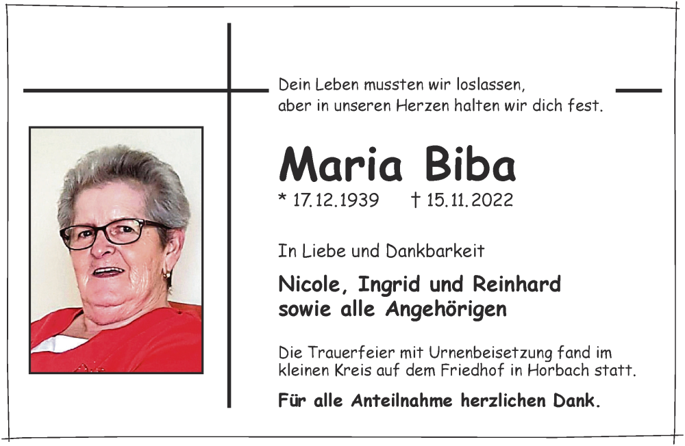  Traueranzeige für Maria Biba vom 26.11.2022 aus Gelnhäuser Neue Zeitung