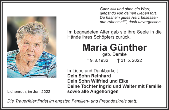 Traueranzeige von Maria Günther von Mittelhessen-Bote