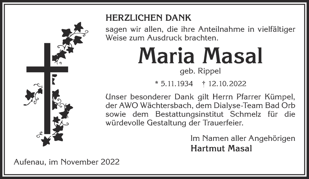  Traueranzeige für Maria Masal vom 12.11.2022 aus Gelnhäuser Neue Zeitung