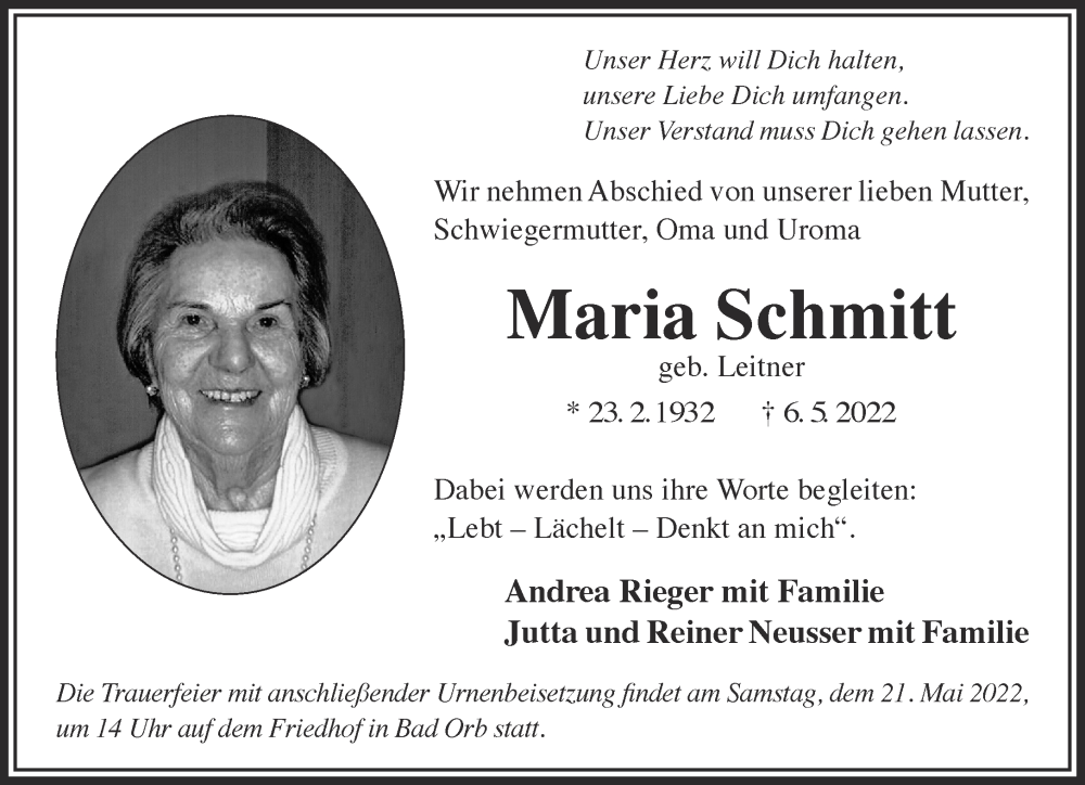  Traueranzeige für Maria Schmitt vom 14.05.2022 aus Gelnhäuser Neue Zeitung