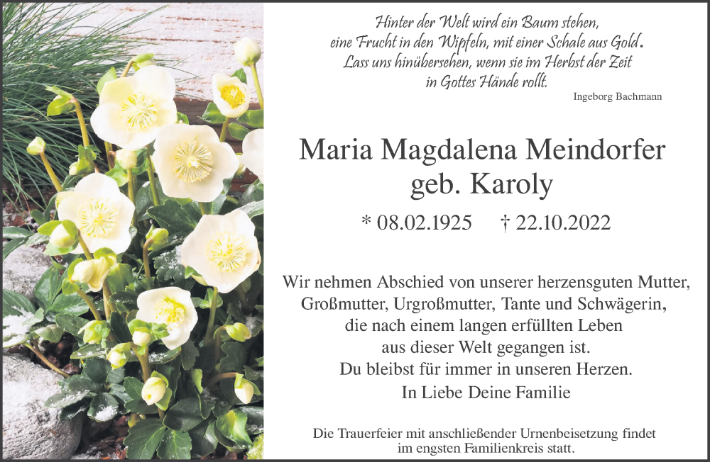  Traueranzeige für Maria Magdalena Meindorfer vom 26.11.2022 aus Mittelhessen-Bote