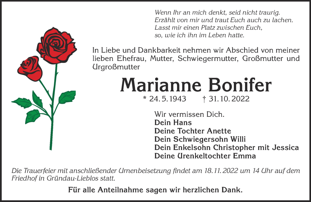  Traueranzeige für Marianne Bonifer vom 15.11.2022 aus Gelnhäuser Neue Zeitung