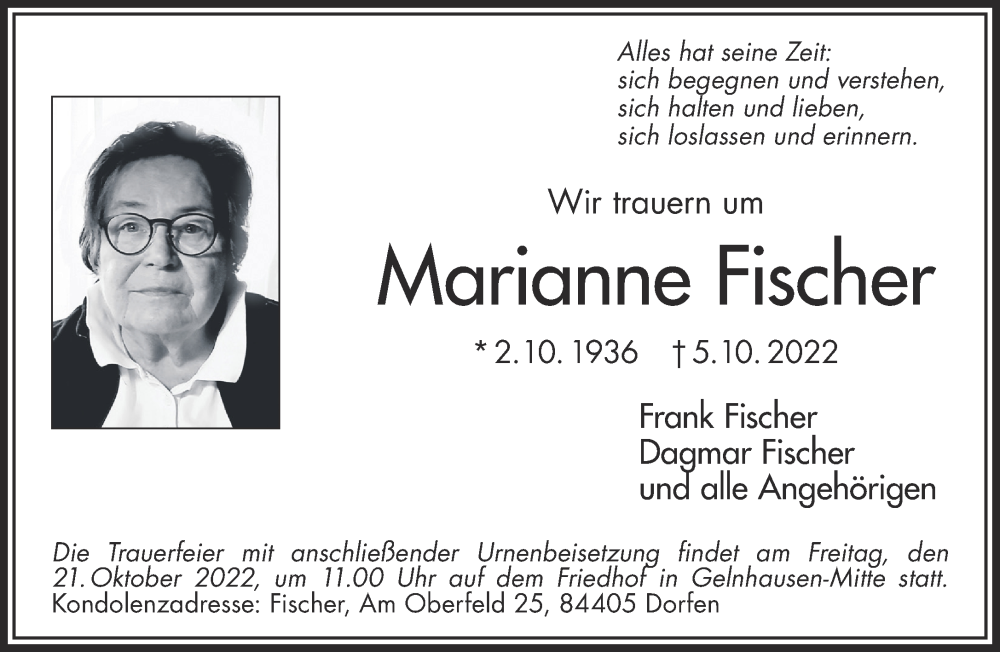  Traueranzeige für Marianne Fischer vom 15.10.2022 aus Gelnhäuser Neue Zeitung