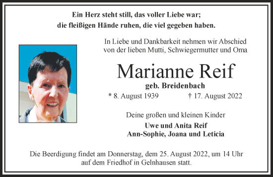 Traueranzeige von Marianne Reif von Mittelhessen-Bote