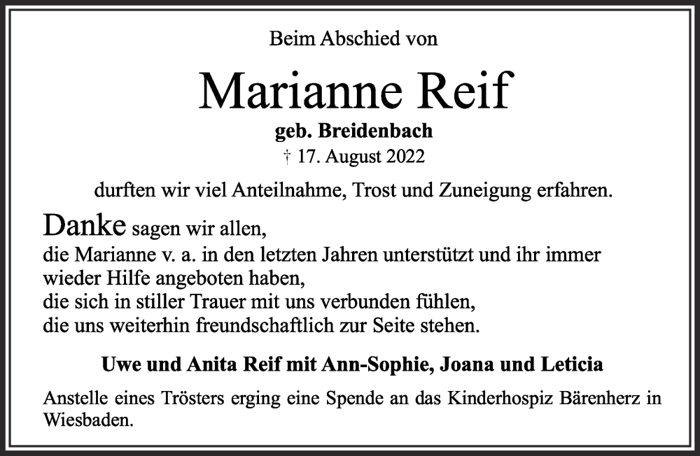  Traueranzeige für Marianne Reif vom 03.09.2022 aus Gelnhäuser Neue Zeitung