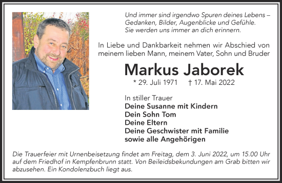 Traueranzeige von Markus Jaborek von Mittelhessen-Bote