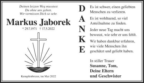 Traueranzeige von Markus Jaborek von Gelnhäuser Neue Zeitung