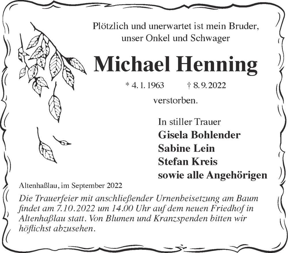  Traueranzeige für Michael Henning vom 01.10.2022 aus Gelnhäuser Neue Zeitung