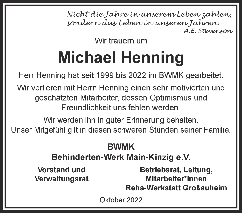  Traueranzeige für Michael Henning vom 08.10.2022 aus Gelnhäuser Neue Zeitung