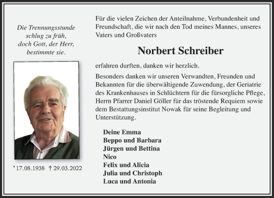 Traueranzeige von Norbert Schreiber von Gelnhäuser Neue Zeitung