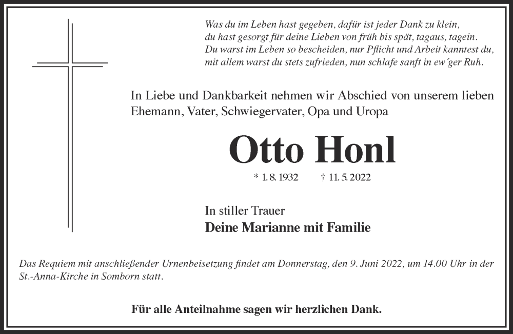  Traueranzeige für Otto Honl vom 04.06.2022 aus Mittelhessen-Bote