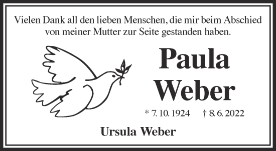 Traueranzeige von Paula Weber von Gelnhäuser Neue Zeitung
