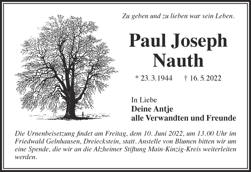  Traueranzeige für Paul Joseph Nauth vom 28.05.2022 aus Gelnhäuser Neue Zeitung