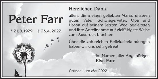 Traueranzeige von Peter Farr von Gelnhäuser Neue Zeitung