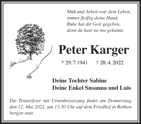 Traueranzeige von Peter Karger von Gelnhäuser Neue Zeitung